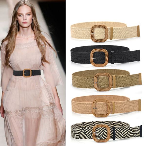 Cintura da donna larga e semplice con bottoni rotondi intrecciati in stile erba, cintura elastica in cotone e lino K716