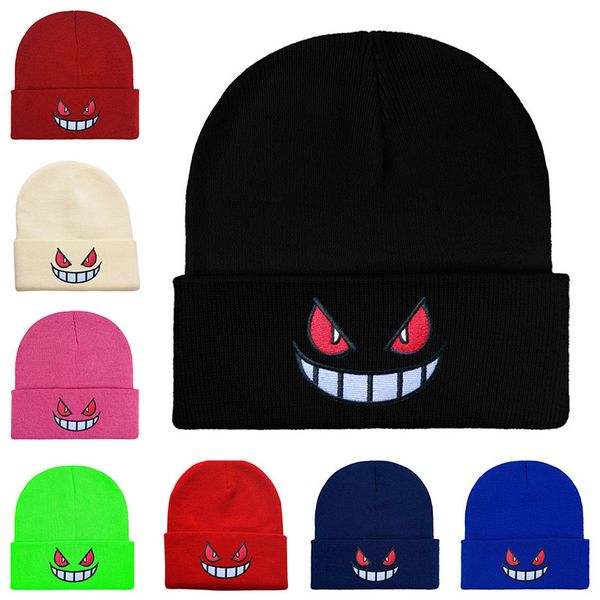 Beanie/Totenkopf Anime Evil Red Eyes Big Smile Face Stickerei Beanie Hip Hop Strickmützen, lustige trendige Beanie Mütze Winter Skifahren Slouchy Warm Hallowmas Cap 18 Farben