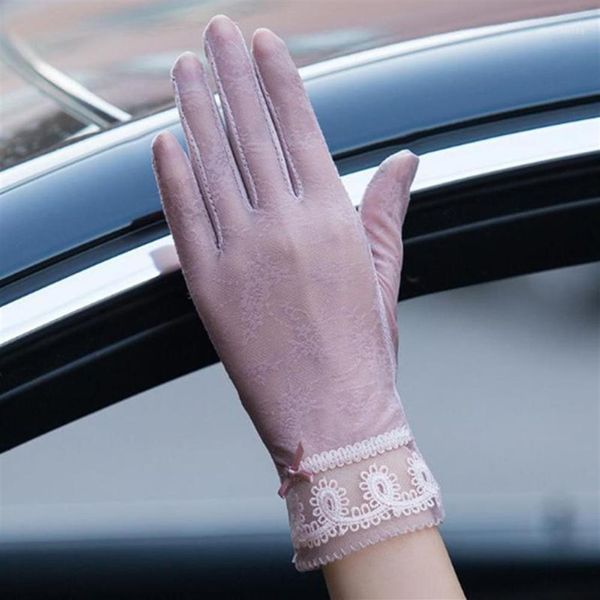 Cinco Dedos Luvas Mulheres Proteção Solar Alta Elastic Lace Design Silk Thin Touch Screen Anti-UV Skid para Outdoor Driving1226M