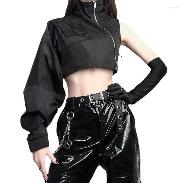 Damen Hoodies Gothic Zip Up Crop Tops Für Frauen Schwarz Punk Rollkragen Eine Schulter Reißverschluss Cool Girl Hip Hop Kurze Outfits Outwear Herbst