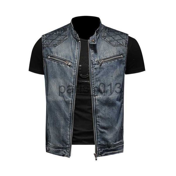 Erkek Ceketler Erkek Ceketler 2023 Yeni Erkek Motosiklet Biker Denim Yelek Vintage Mavi Fermuar Cepleri Kolsuz Ceketler Punk Kovboy Fashion Wasitcoat Yelek J230821 X091