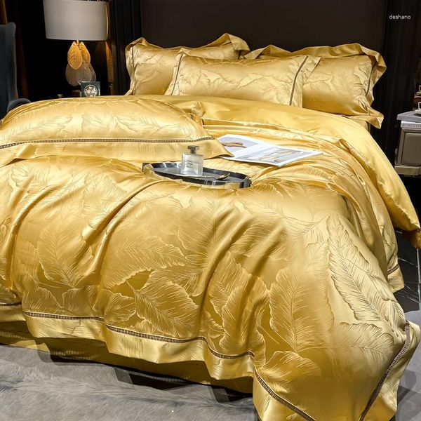 Set di biancheria da letto di lusso in oro 1000TC raso di cotone egiziano jacquard set morbido setosità foglie texture copripiumino lenzuolo federe