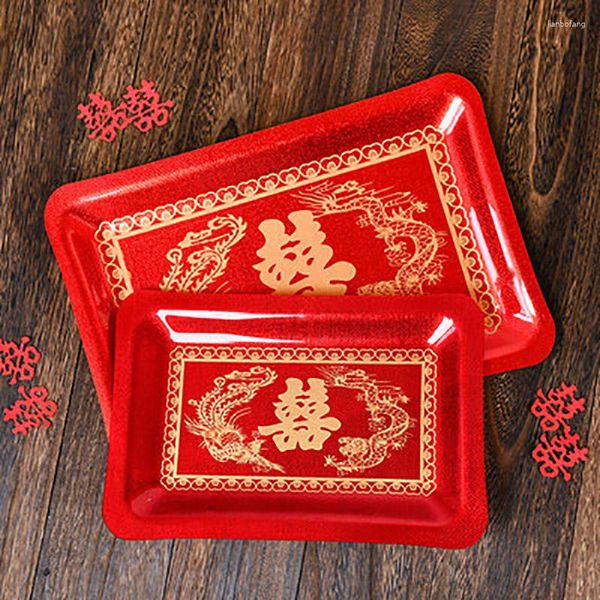 Statuette decorative di lusso cinese rosso plastica oblunga rotondo vassoio di pane tostato tradizionale festa di nozze vassoi di tè per servire cibo cerimonia festiva