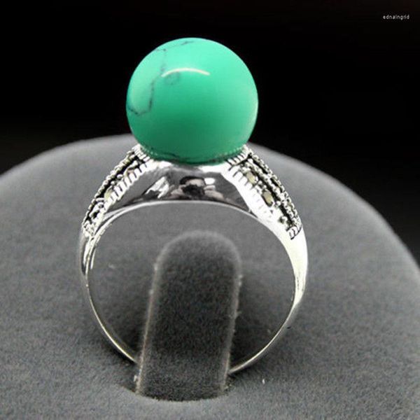 Anelli a grappolo all'ingrosso buona rara perle di turchese verde 8mm marcasite anello in argento sterling 925 # 7/8/9/10 gioielli da donna raffinati genuini