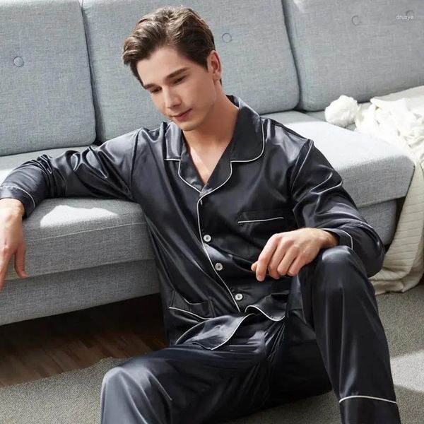 Pijamas masculinos verão seda cetim pijamas homens cor sólida pijamas manga longa terno pijama loungewear