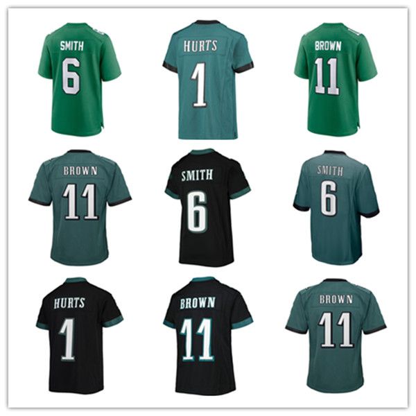 Kinder-Fußballtrikot Jalen Hurts 1 Brown 11 Devonta Smith 6 Jason Kelce 62 Kelly Green Throwback Legand Jugendgröße S-XL Genähte Trikots Grün Schwarz Weiß Farbe