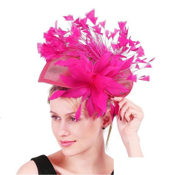 Cappelli a tesa larga rosa splendido cappello di fascinator con clip donne eleganti piume fantasia accessori per capelli da sposa signora modisteria goccia deli Dhk7R