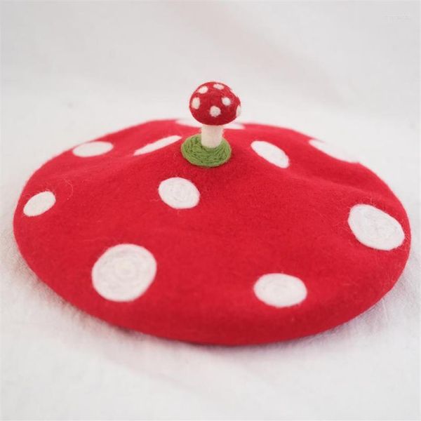 Boinas artesanais de lã de feltro boina com cogumelo no topo criativo pintor chapéu presente de aniversário boné vermelho da criança yayoi kusama elementberet218e