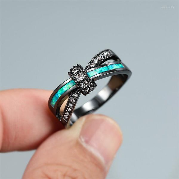 Anéis de casamento verde fogo opala cruz anel inlay branco zircão noivado para mulheres vintage preto ouro preenchido cz pedra jóias banda