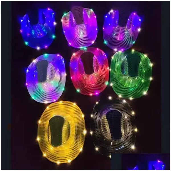 Chapéus de festa Novo espaço Cowgirl LED Chapéu piscando Light Up Sequin Cowboy Luminous Caps Halloween Costume Atacado 0730 Drop Delivery Home Dhrqw