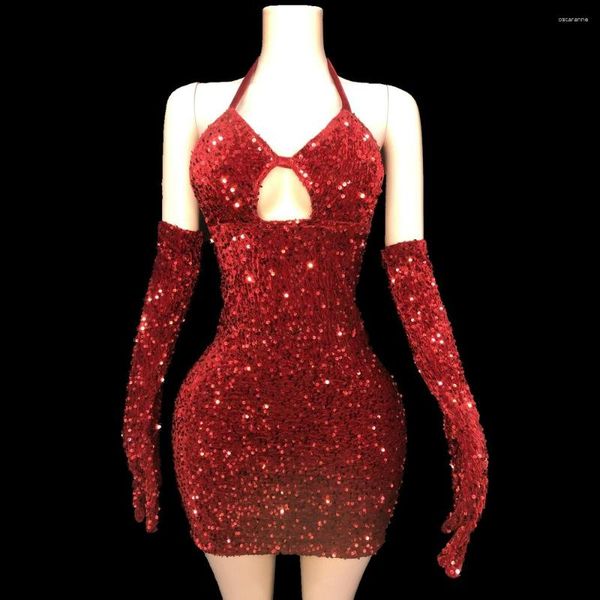Abbigliamento da palcoscenico Prom serale con paillettes rosse Festeggia il vestito da compleanno Guanti corti aderenti aderenti con scollo all'americana sexy da donna