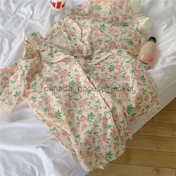 Bayan Uyku Salonu Kadın Sktarmes Pijama Setleri Çarpıştırma Yaka Kısa Kollu Kadınlar Yaz Çiçek Baskısı İnce Kawaii Modaya Modaya Modeli Kadınlar 2pcs Kimono Pijamalar Elegant 230