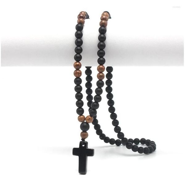 Colares Pingente Pedra Natural 8mm Obsidien e Madeira Rodada Grânulos Colar Mens com Cruz Handmade Jóias Gota Entrega Pingentes Otdnk