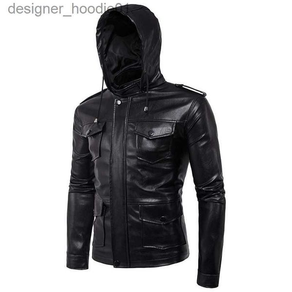 Herren Pelz Kunstpelz Großhandel-Mit Kapuze Slim Herbst Männer PU Lederjacke Gute Qualität Multi Pocket Windschutz Biker Männer Kunstleder Casual Motorradjacken L230913