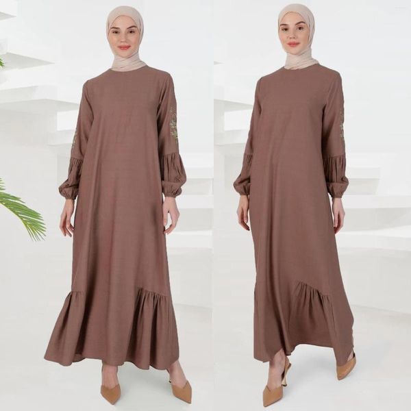 Roupas étnicas Abayas para Mulheres Emendadas Bordadas Lanternas Mangas Ruffle Edge Robe Elegante Femme Vestidos Longos Muçulmanos
