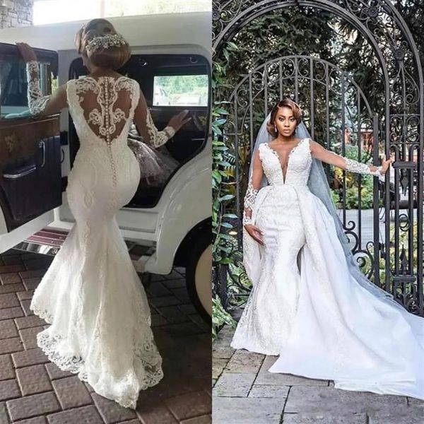 Vestidos de casamento branco sereia vestidos de noiva marfim formal trompete applique novo plus size personalizado zíper rendas até renda manga longa tule trem destacável botão ilusão