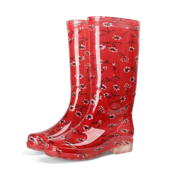 Bot Kadın Galoshes Çiçek Baskı Yağmur Botları Kadınlar Su Geçirmez İş Bahçe Su Ayakkabıları Bayanlar kaymaz kauçuk bot yüksek yağmur ayakkabıları 230914