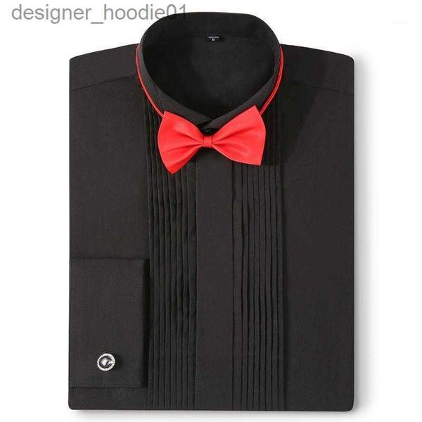 Ternos masculinos blazers francês manguito homens smoking manga longa vestido de casamento camisas peito dobrável escondido botão placket design tem abotoaduras e arcos masculinos l230914