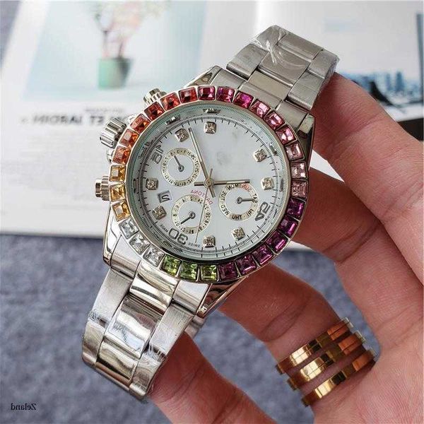 Il mercato leader mondiale degli orologi R olax Full Diamond Fashion Rainbow Business Timing Steel Band Uomo e donna Quarzo Pelle di gamberetti con confezione regalo