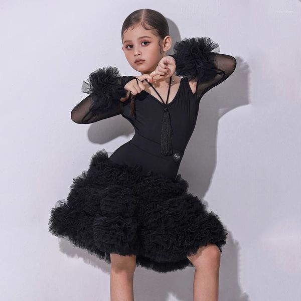 Stage Wear 2023 Costumi di performance di danza latina per ragazze Tutù nero a maniche lunghe gonne Completo abito da competizione per bambini