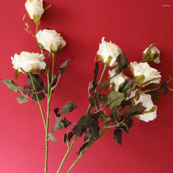 Dekorative Blumen, getrocknet aussehender Rosenzweig, faltig, künstlich, für Zuhause, Tischdekoration, Valentinstagsgeschenk, 3 Köpfe, Weihnachtsflores