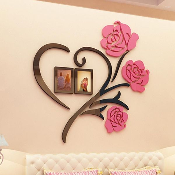 Quadros 3d criativo rosa flor decalques de parede sala de casamento decoração romântica acrílico po quadro adesivos vivendo diy mural arte