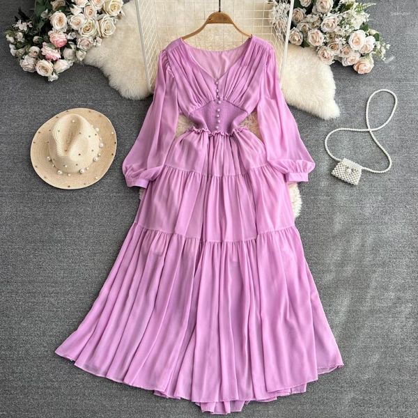 Casual Kleider Frühling Herbst Bohemian Lange Ärmel V-ausschnitt Chiffon Kleid Damen Vintage Taille Schlank A-linie Big Swing Strand urlaub