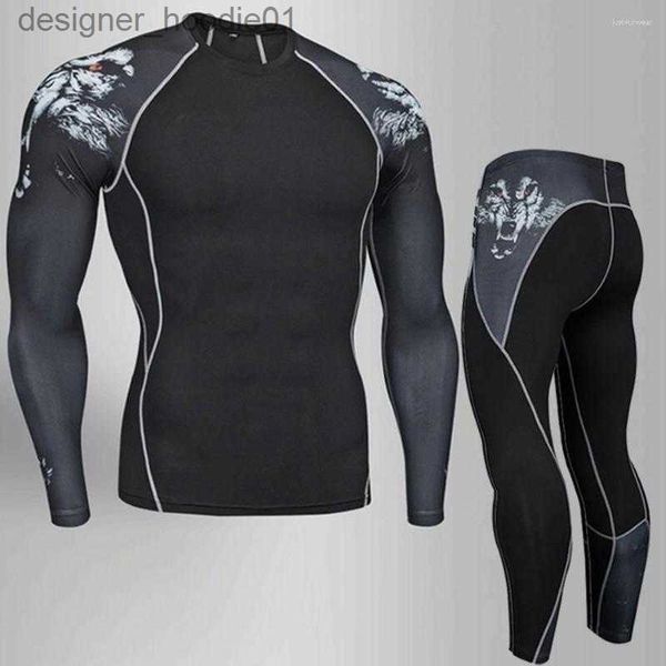 Herren-Thermounterwäsche, Herren-Thermounterwäsche, Kompression, Winter, MMA, 3D-Wolf, Bodybuilding, T-Shirt, Rashgarda, Leggings, 2-teiliger Trainingsanzug, Herren, L230914