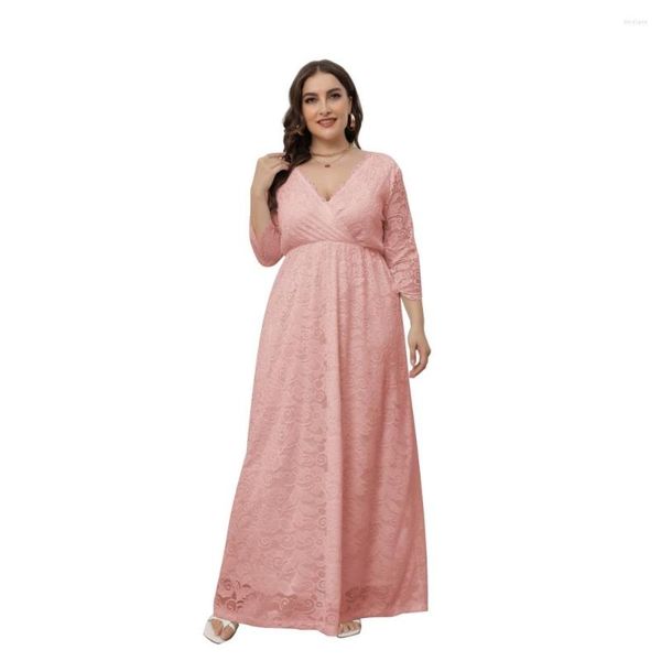 Vestidos casuais alin plus size roupas femininas primavera outono moda elegante cor sólida com decote em v renda três quartos mangas casamento maxi vestido