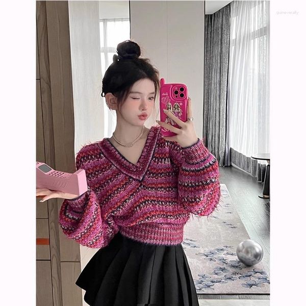 Suéter feminino coreano doce menina estilo preguiçoso retrô mohair suéter outono manga morcego decote em v solto curto moda roupas femininas