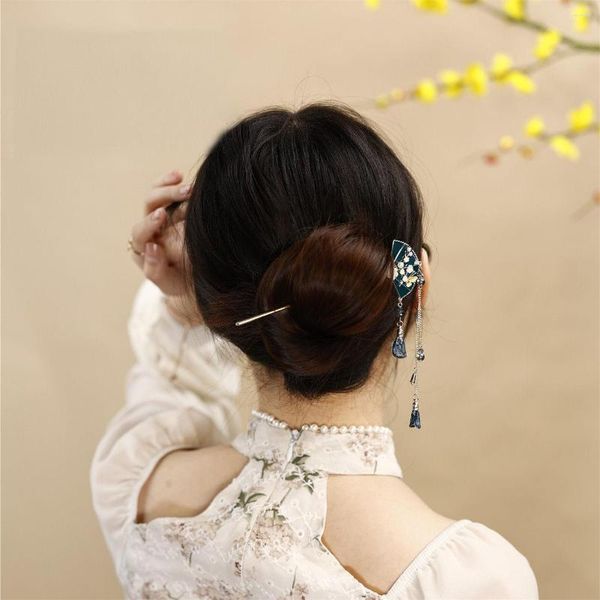 Grampos de cabelo chinês azul marinho fã flor borla pingente vara para mulheres elegante antigo charme hairpin retro acessórios estéticos