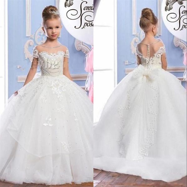 Abiti da ragazza di fiore arabi in tulle con collo trasparente in pizzo con perle Abiti da spettacolo vintage per bambini bellissimi con collo trasparente per matrimoni283q