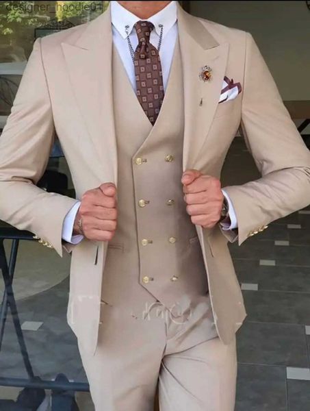 Herrenanzüge, Blazer, brandneues Khaki-Herren-Hochzeitskleid, spitzes Revers, schmale Passform, Bräutigam-Smoking, beliebtes Dinner-/Darty-Kleid, 3-teiliger Anzug, Jacke, Hose, Krawatte, Weste 0636 L230914