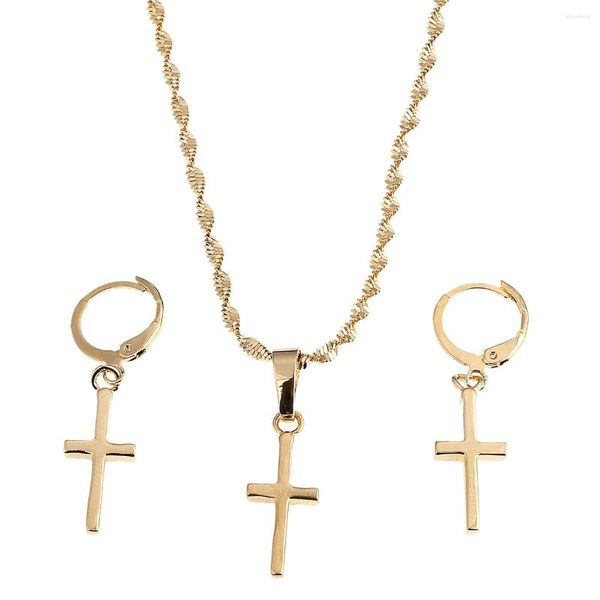 Colar brincos conjunto pequeno cruz pingente jóias feminino mini cor de ouro crucifixo ornamentos cristãos