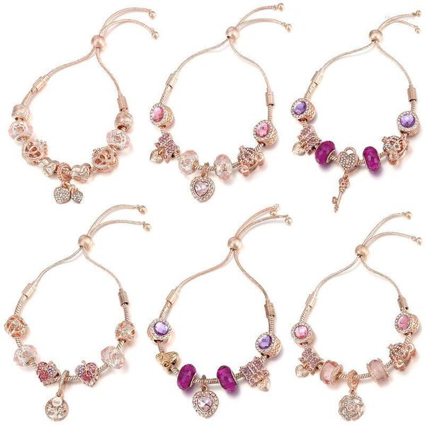 Strand rosa série de ouro jóias vidro doce diy roxo rosa contas pulseira original meninas folhas em forma de coração flor acessórios