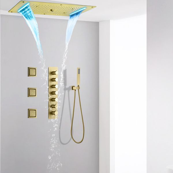 Decke eingebettet 28 * 15 Zoll LED Duschkopf Wasserfall gebürstet Gold Dusche Badezimmer Thermostat Dusche Wasserhahn Set