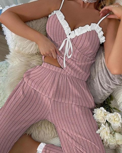 Damen-Nachtwäsche-Pyjama-Set, 2023 Sommermode, mit Rüschen am Saum, gebundenes Detail, geripptes Cami, lässig, hohe Taille, zu Hause, lange Hosen