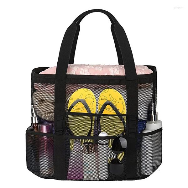 Einkaufstaschen Damen-Strandtasche aus Netzstoff – plus wasserdichte, sanddichte Tragetasche mit 8 Taschen, 1 Innentasche mit Reißverschluss, Schwarz und Schwimmen