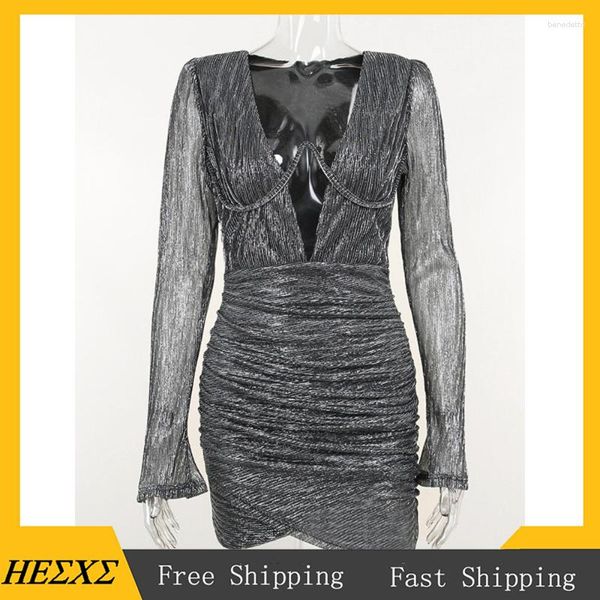 Casual Dresses Sexy Ruched Club Party Kleid 2023 Herbst Abend Tiefer V-Kragen Volle Ärmel Mini Für Frauen Pailletten Weiß Vestidos