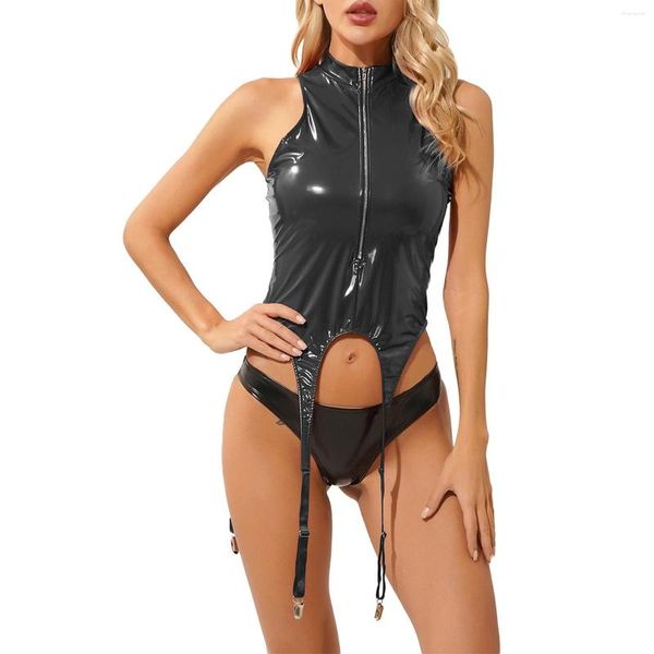 Tanques femininos Womens Patent Leather Zipper Stand Collar Colete Tops com Garter Straps Metal Clips Wet Look Clubwear Pole Dance Rave Outfit