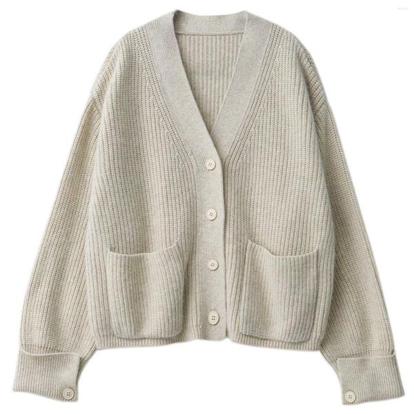 Maglioni da donna aperto sul davanti ampio scollo a V design maniche lunghe polsini risvoltati leggero maglione autunnale cardigan con dettagli in pizzo per le donne