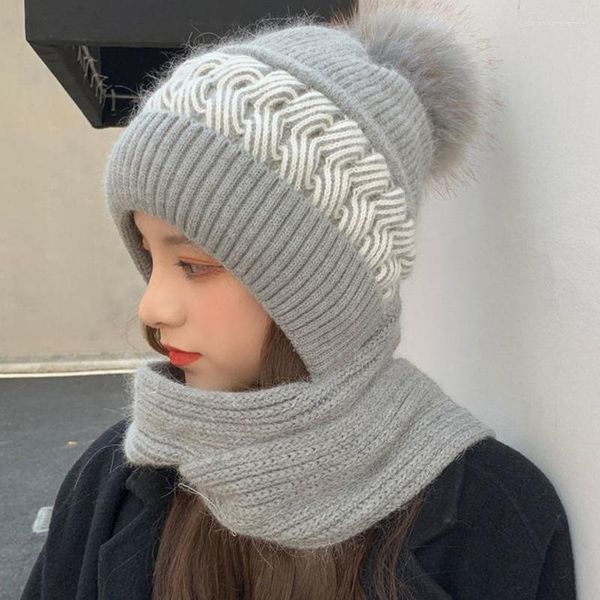 Berets chapéu cachecol conjunto para mulheres pompom de pele malha lã com capuz xale feminino inverno engrossar manter quente gorro cachecóis pulôver chapéus