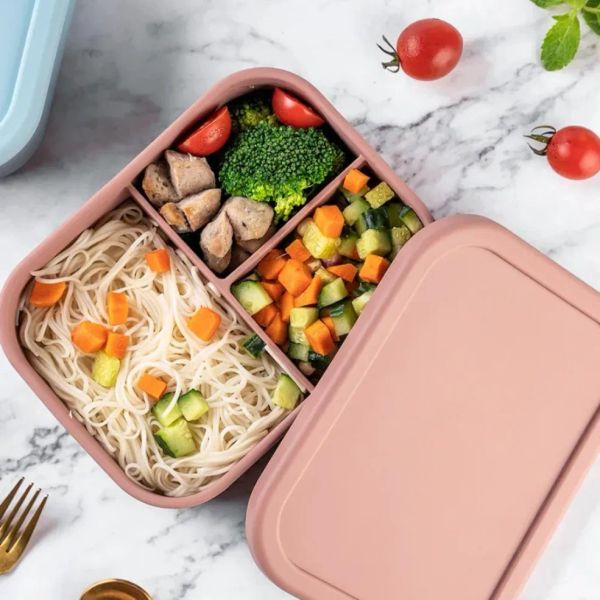 Scatola da pranzo in silicone Bento Box da viaggio all'aperto Contenitore di stoccaggio portatile Scatole da pranzo per bambini Forno a microonde Contenitore rettangolare a tre celle Set di stoviglie 914