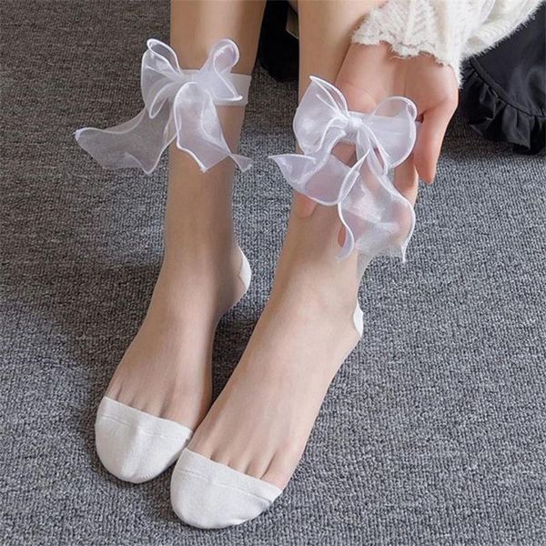 Calzini da donna 2 paia/pacco Big Ribbon Bowknot Princess Girls Donna Estate sottile tubo medio pizzo seta Lolita carino