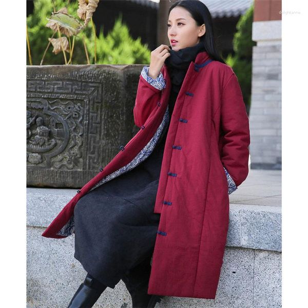 Mulheres para baixo estilo chinês retro jaqueta de inverno feminino fivela algodão acolchoado casaco solto gola alta comprimento médio contraste cor parka m1388