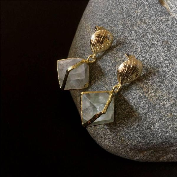 Orecchini pendenti FUWO Goccia di fluorite all'ingrosso Gemme tono oro Pietra Piramide Orecchino Gioielli per le donne ER054