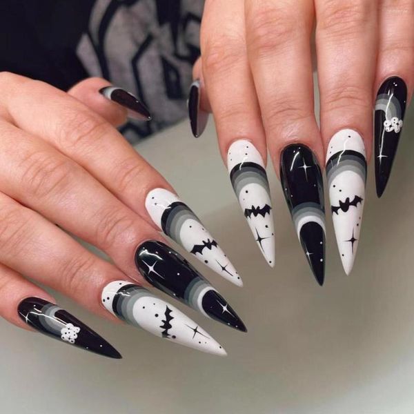 Unhas Falsas Halloween Engraçado Adesivos de Unhas Longo Stiletto Imprensa Falsa em Preto Branco Morcego Terminado Cobertura Completa Y2K Dicas