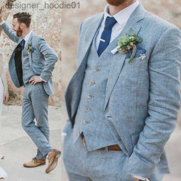 Erkekler Takımlar Blazers yakışıklı açık mavi plaj damat düğün smokin erkekler fit 3 adet en iyi adam resmi giyim terno maskülino özel yapılmış (ceket+pantolon+yelek) l230914
