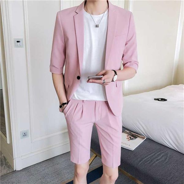Мужской костюм, облегающие брюки до колена с коротким рукавом, мужская одежда в корейском стиле, розовый, белый, летний костюм, куртка с короткими брюками257d