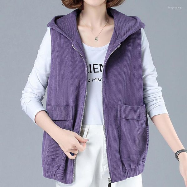 Gilet da donna Zoki Autunno Velluto a coste Serbatoi Donna Gilet casual Gilet viola Tutti i fiammiferi Giacca allentata Senza maniche Overwear Stile coreano 2023